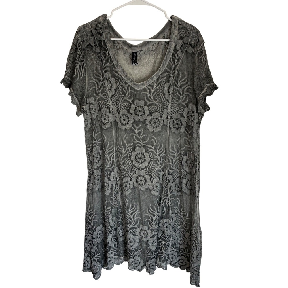 Gretty Zueger XL Gray Floral Embroidered Sheer Mesh Boho Tunic Top Lace